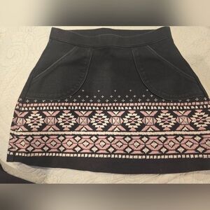 Black Mini Skirt with Pink Geometric Embroidery